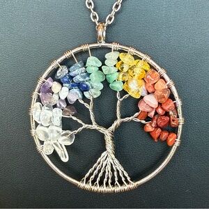 Tree Of Life Semi Precious Gemstone Silver Tone 22” Pendant Necklace